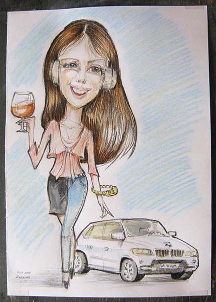шарж по фото в подарок девушки с машиной и бокалом Минск